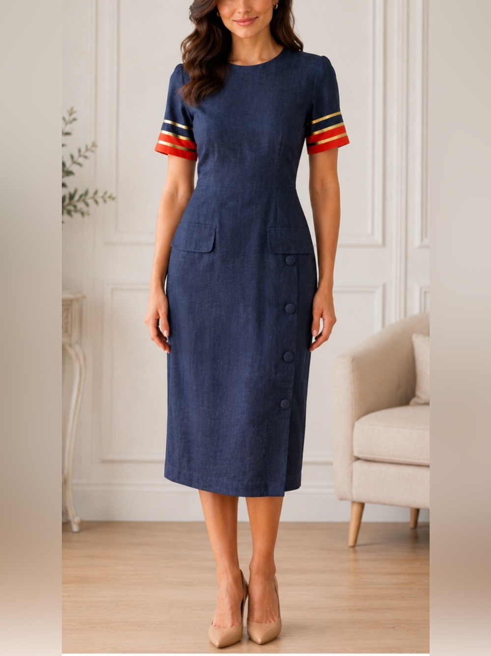 VTG 90s Cynthia Howie Maggy Boutique 100% Ramie Navy Blue Dress Size 4